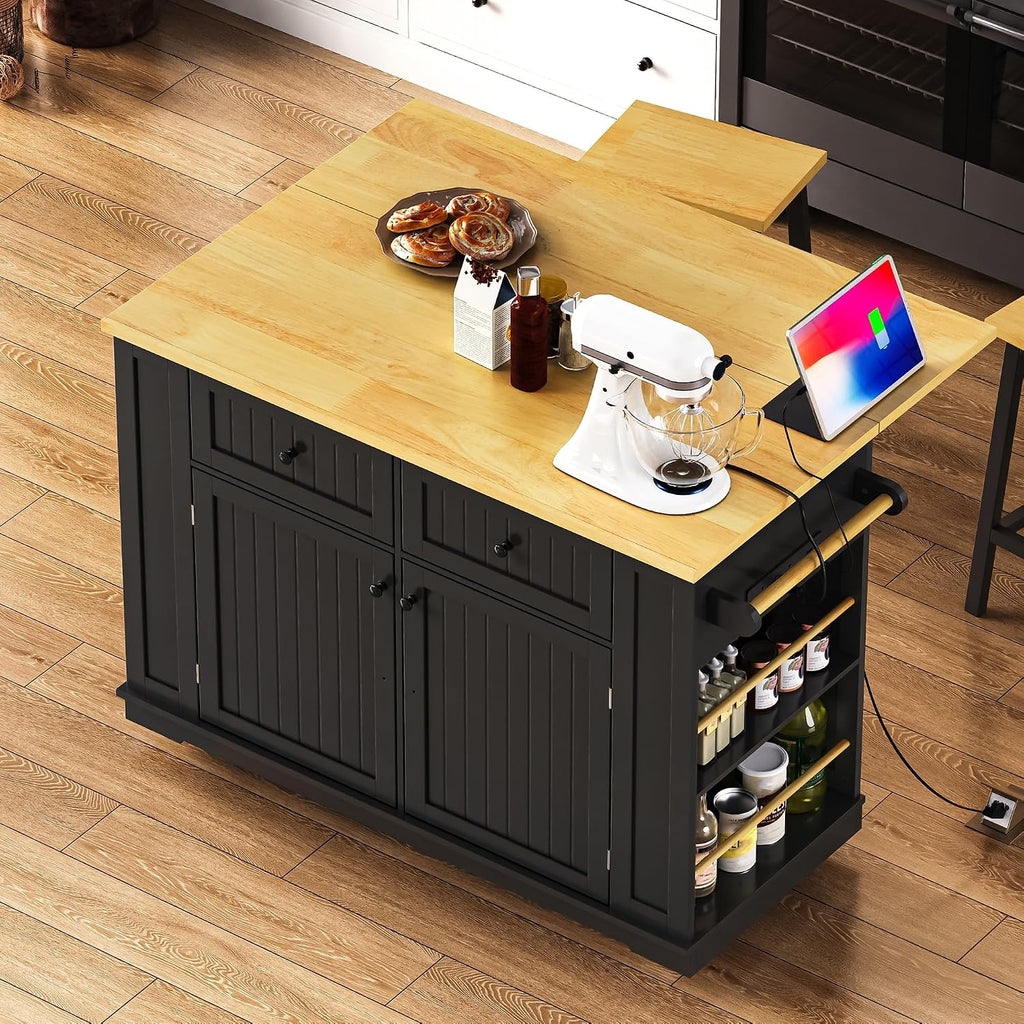 48 Inch Rolling Kitchen Island Storage Cart on 5 Wheels with Drop Leaf, Power Outlet, Door Internal Storage Rack, 5 Open Side Racks, 2 Drawers for Dining Room, Home Bar, Black