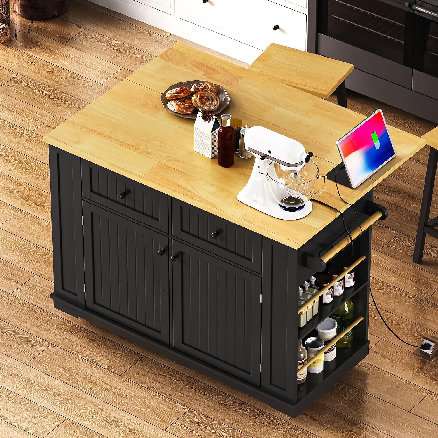 48 Inch Rolling Kitchen Island Storage Cart on 5 Wheels with Drop Leaf, Power Outlet, Door Internal Storage Rack, 5 Open Side Racks, 2 Drawers for Dining Room, Home Bar, Black