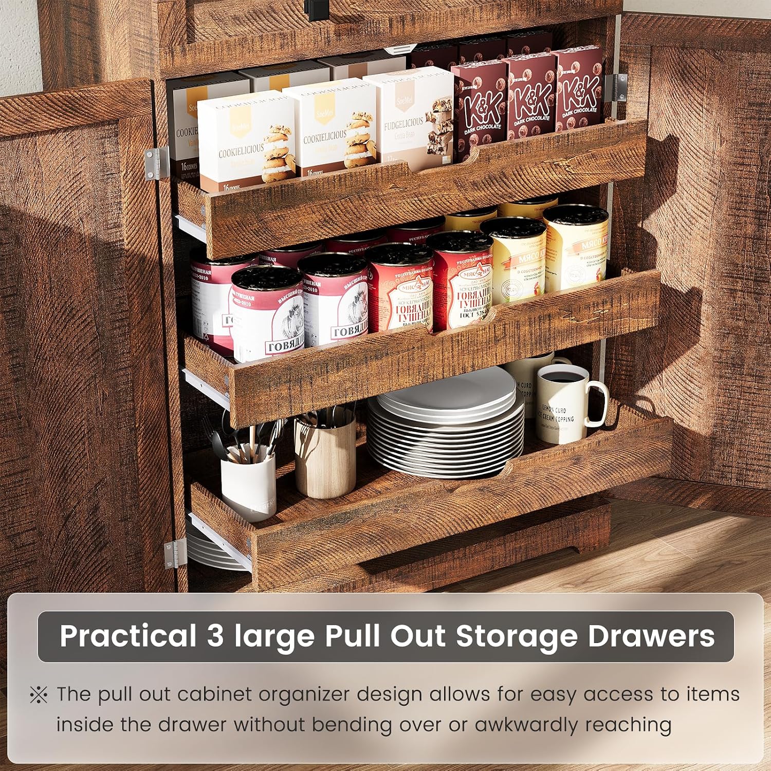 ELYKEN 72' Pantry Cabinet, Tall Kitchen Storage Cabinet with 3 Pull Out Shelves & 8 Door Shelves, Farmhouse Kitchen Pantry with Adjustable Shelf, Kitchen Hutch with Large Drawer, for Dining Room