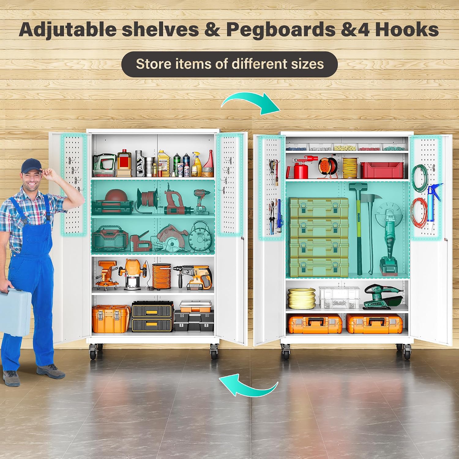 SISESOL Wide & Deep Metal Storage Cabinet with Wheels,Tall Rolling Garage Storage Cabinet with Lock,White Metal Cabinets with Pegboards and Shelves,Tool Locker for Garage,Home,Office,43''Wx 20''Dx71'H