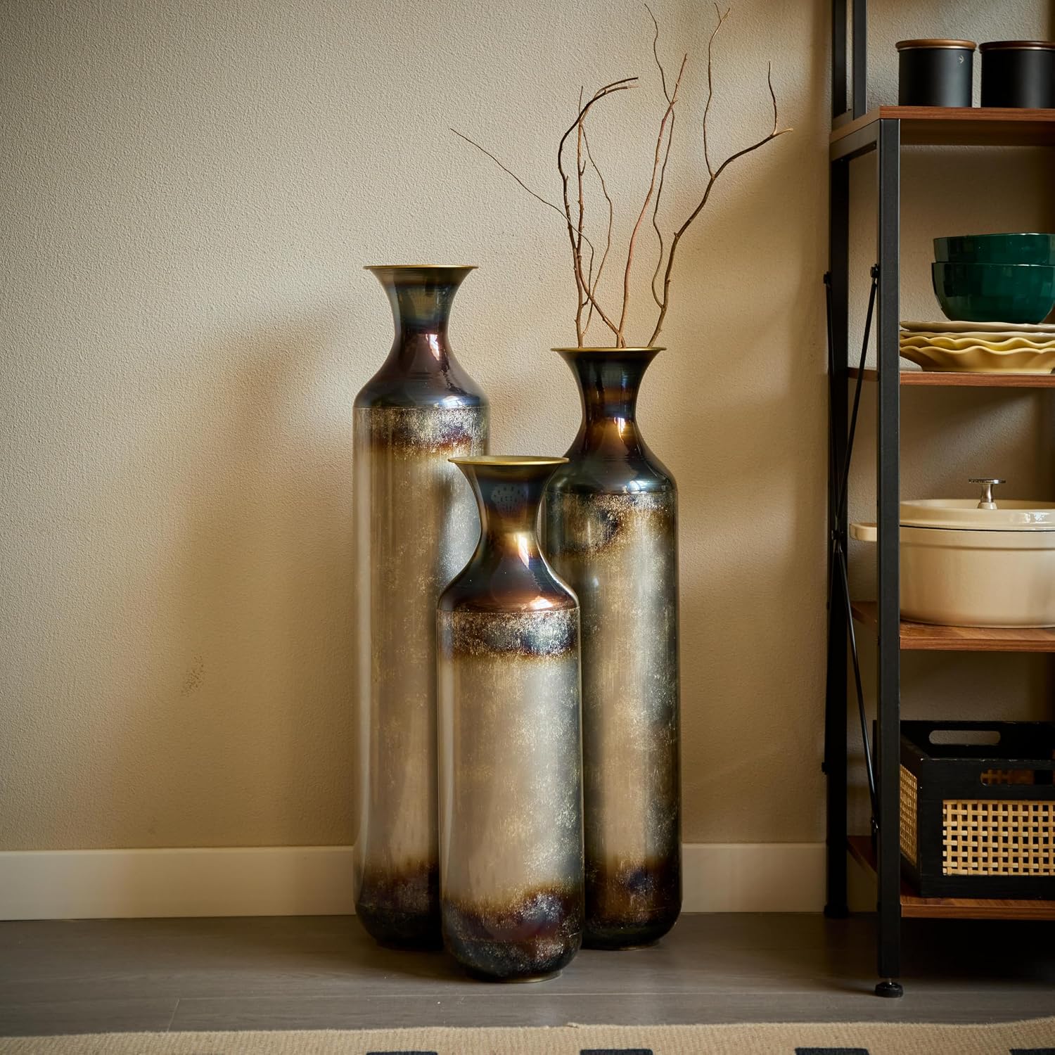 Floor Vases, Tall Home Decor Metal Vase Set of 3 Large Glazed Decorative Vases for Wedding Decor, Elegant Modern Flower Holder for Living Room, Entryway, Hallway