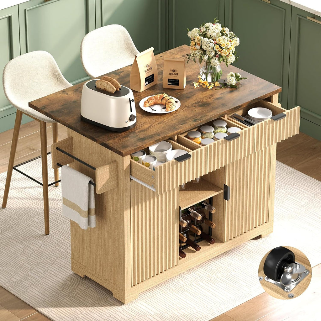 FiveWillowise Kitchen Island with Drop Leaf and Wine Cabinet, Rolling Kitchen Island on Wheels with Storage Cabinets,50' Fluted Wine Bar with 3 Drawers, and Towel Rack for Kitchen, Dining Room