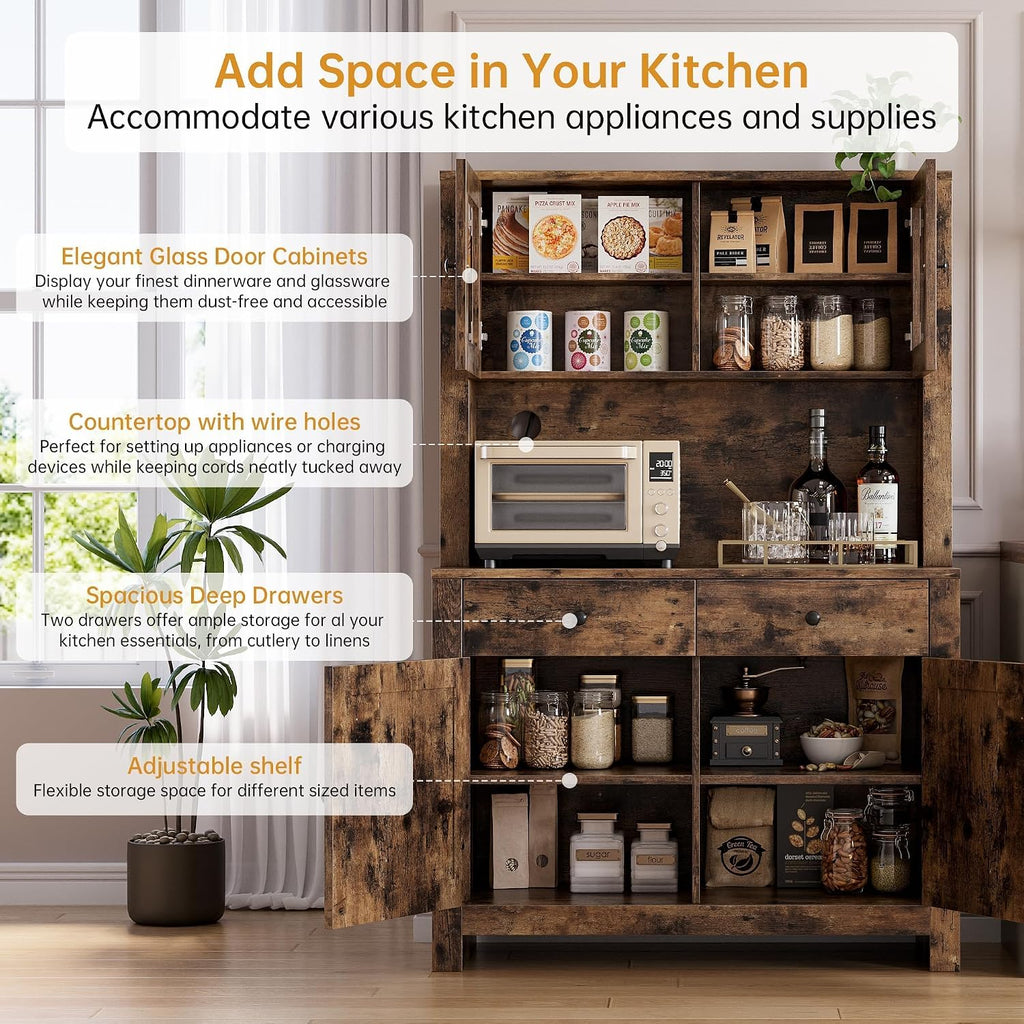 IDEALHOUSE 63' Kitchen Pantry Cabinet with Drawers, Hutch Cabinet with Storage, Microwave Stand, Adjustable Shelves, Freestanding Tall Pantry Storage for Dining Room, Living Room, Rustic Brown