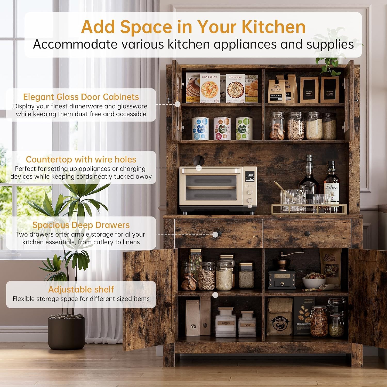IDEALHOUSE 63' Kitchen Pantry Cabinet with Drawers, Hutch Cabinet with Storage, Microwave Stand, Adjustable Shelves, Freestanding Tall Pantry Storage for Dining Room, Living Room, Rustic Brown