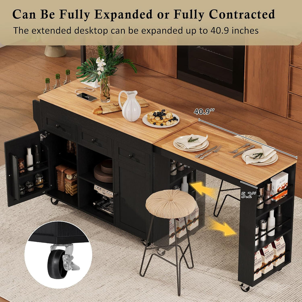 85.5' Kitchen Island with Extendable Dining Table, Kitchen Storage Cabinet with 3 Tier Spice Rack, Rolling Kitchen Island Cart with Power Outlet, 3 Drawers, 2 Doors for Kitchen, Dining Room, Black