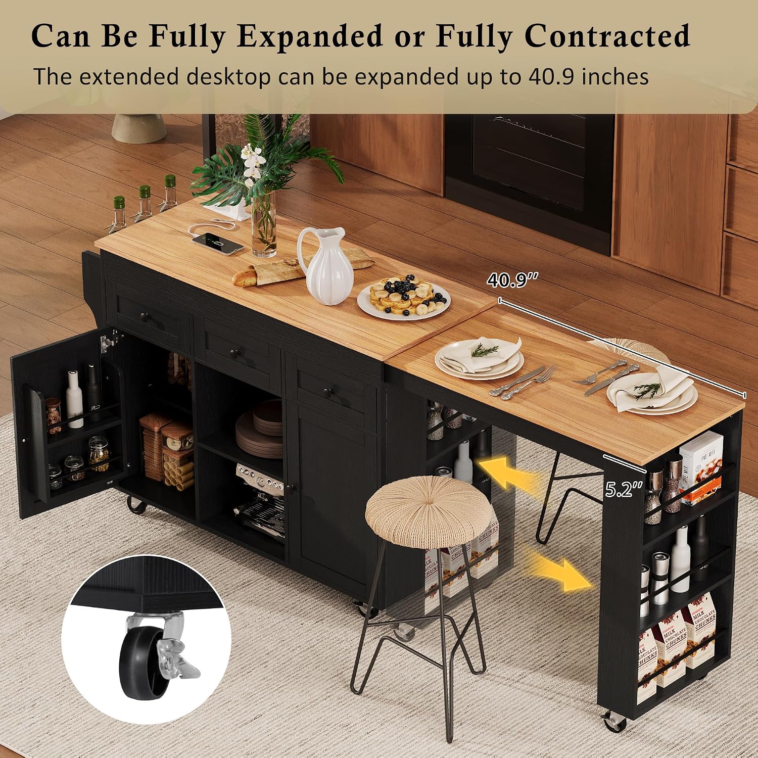 85.5' Kitchen Island with Extendable Dining Table, Kitchen Storage Cabinet with 3 Tier Spice Rack, Rolling Kitchen Island Cart with Power Outlet, 3 Drawers, 2 Doors for Kitchen, Dining Room, Black