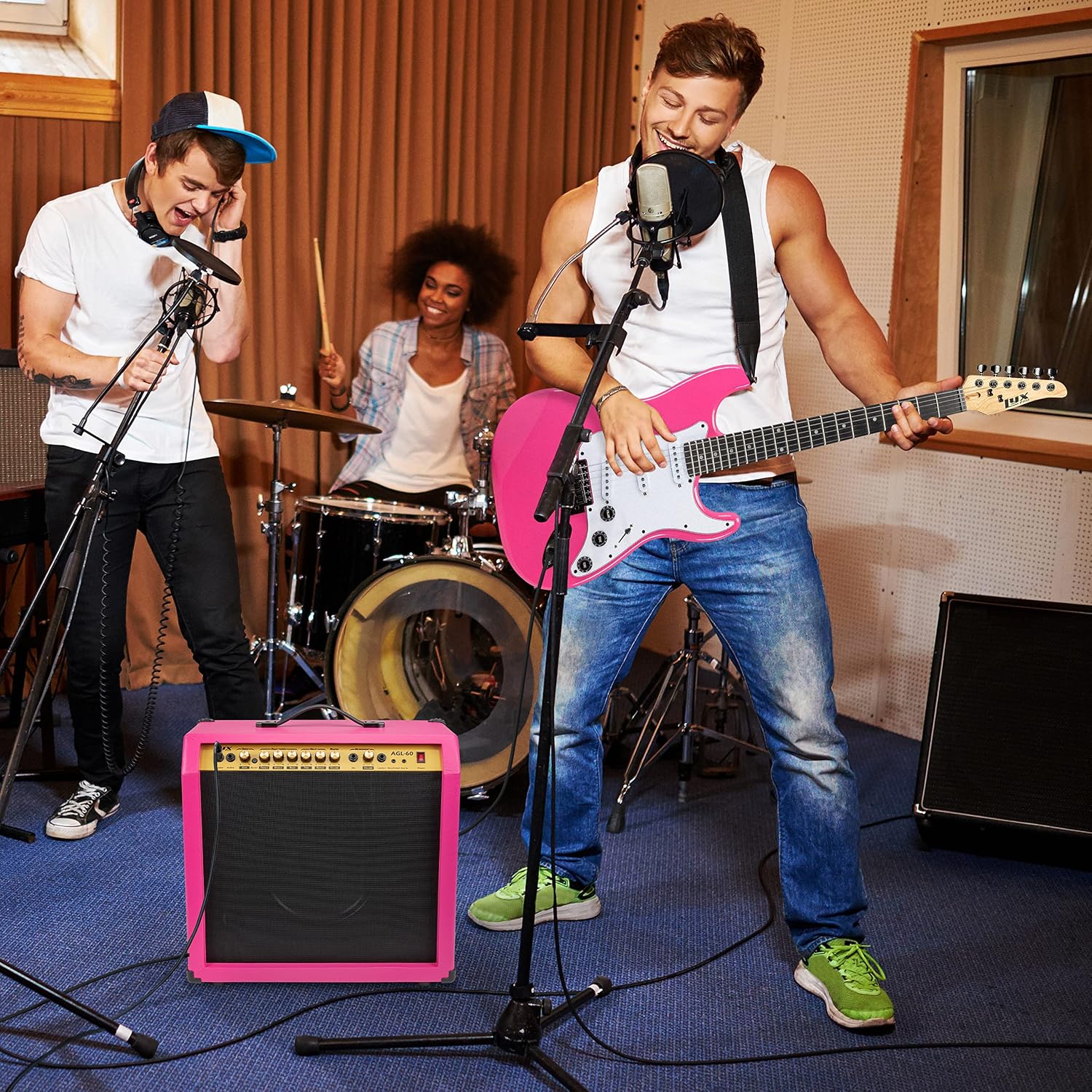 LyxPro 60 Watt Electric Guitar Amplifier | Combo Solid State Studio & Stage Amp with 10' 4-Ohm Speaker, Custom EQ Controls, Drive, Delay, ¼' Passive/Active/Mic Inputs, Aux In & Headphone Jack - Pink