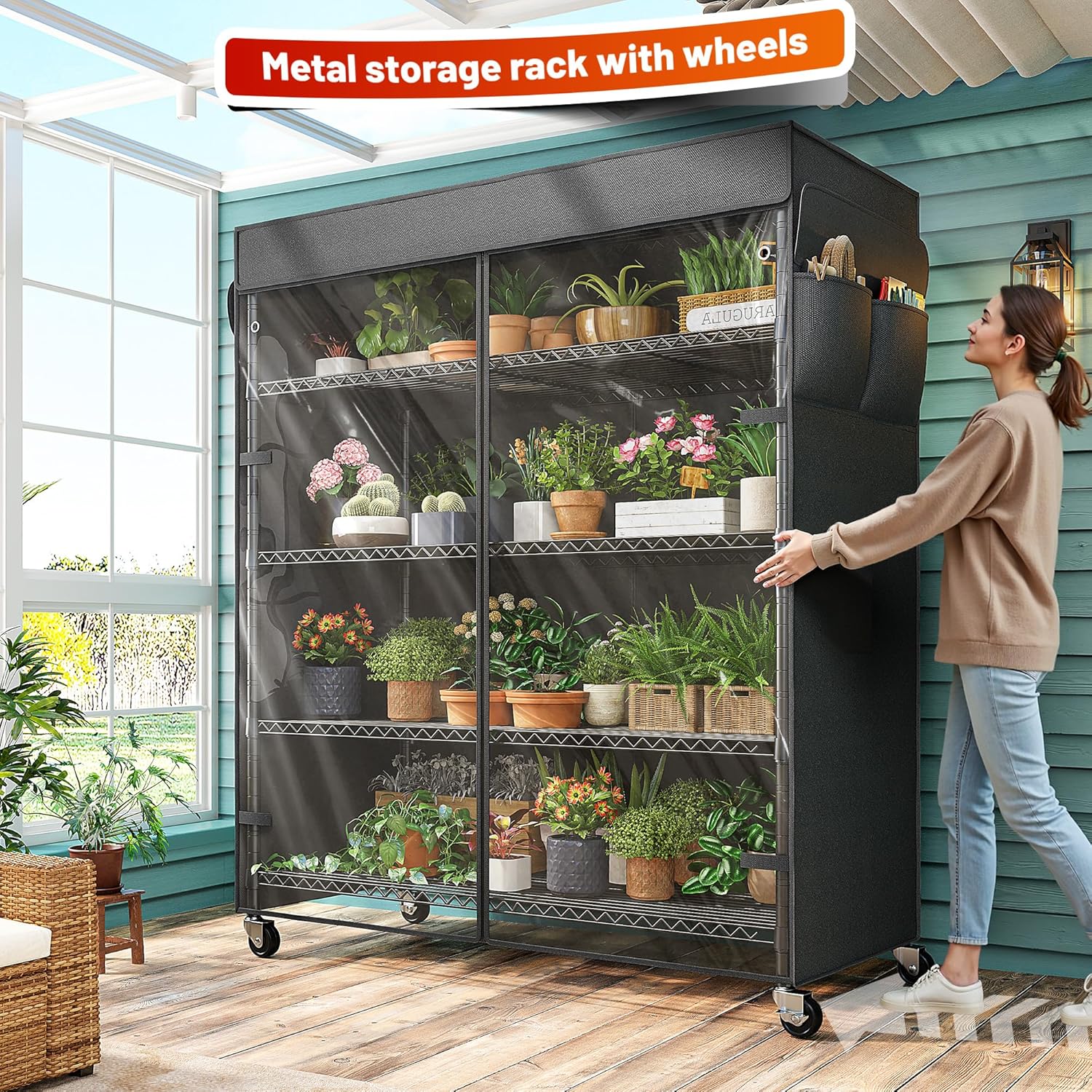 REIBII 45''W Storage Shelves with Cover & Wheels, Metal Shelving Waterproof Dustproof, Wire Shelving Unit Covers, Garage Storage Rack Wire Shelf for Kitchen Pantry, Storage Room, 45Wx17.72Dx72.83H