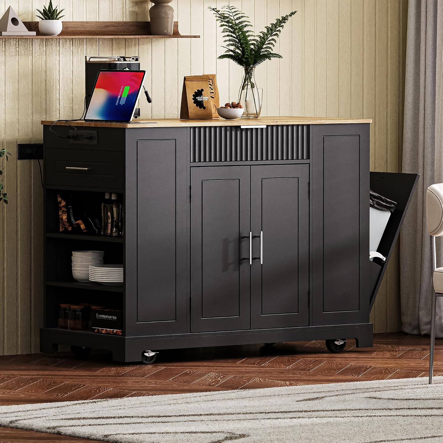 Fluted Rolling Kitchen Island Cart on 5 Wheels with Trash Can Storage Cabinet, Power Outlet, 3 Drawer, 3 Open Side Racks, 10 Gallon Garbage Bin for Kitchen, Dining Room, Black