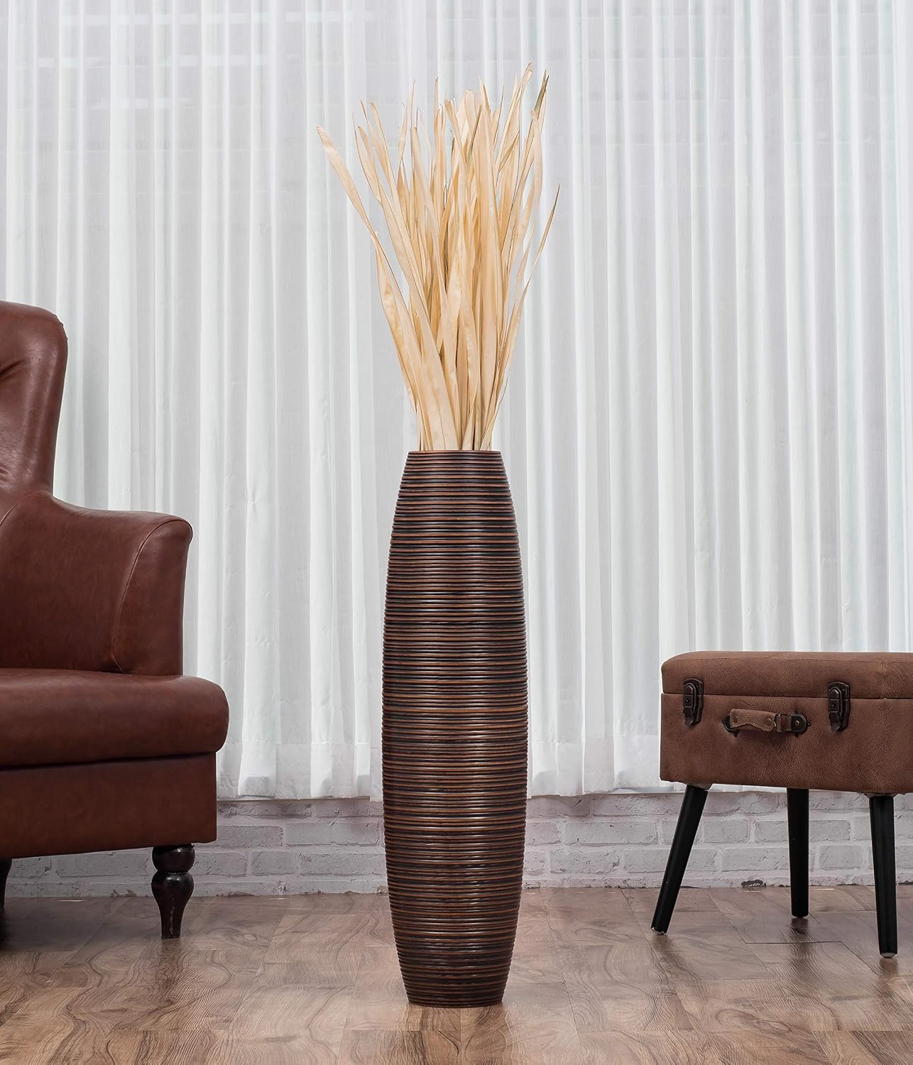 Leewadee Large Brown Home Decor Floor Vase - Wooden 26 inch Tall Farmhouse Decor Flower Holder for Fake Plant and Pampas Grass