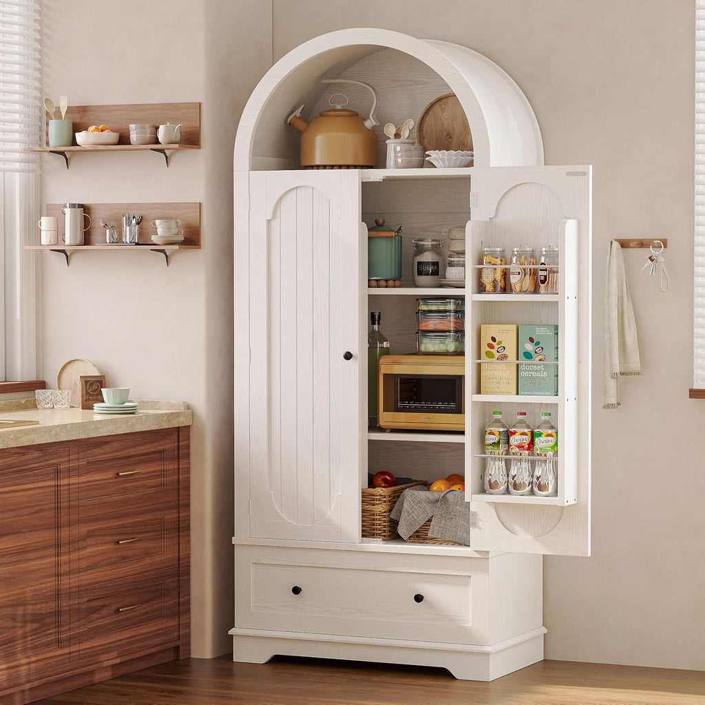 IRONCK 70.9' Tall Arched Kitchen Pantry, Kitchen Cabinet with Large Drawer, Adjustable Shelves, Arched Open Shelving, 2 Doors with Storage Shelves, Modern Versatile Cupboard for Kitchen, Dining Room