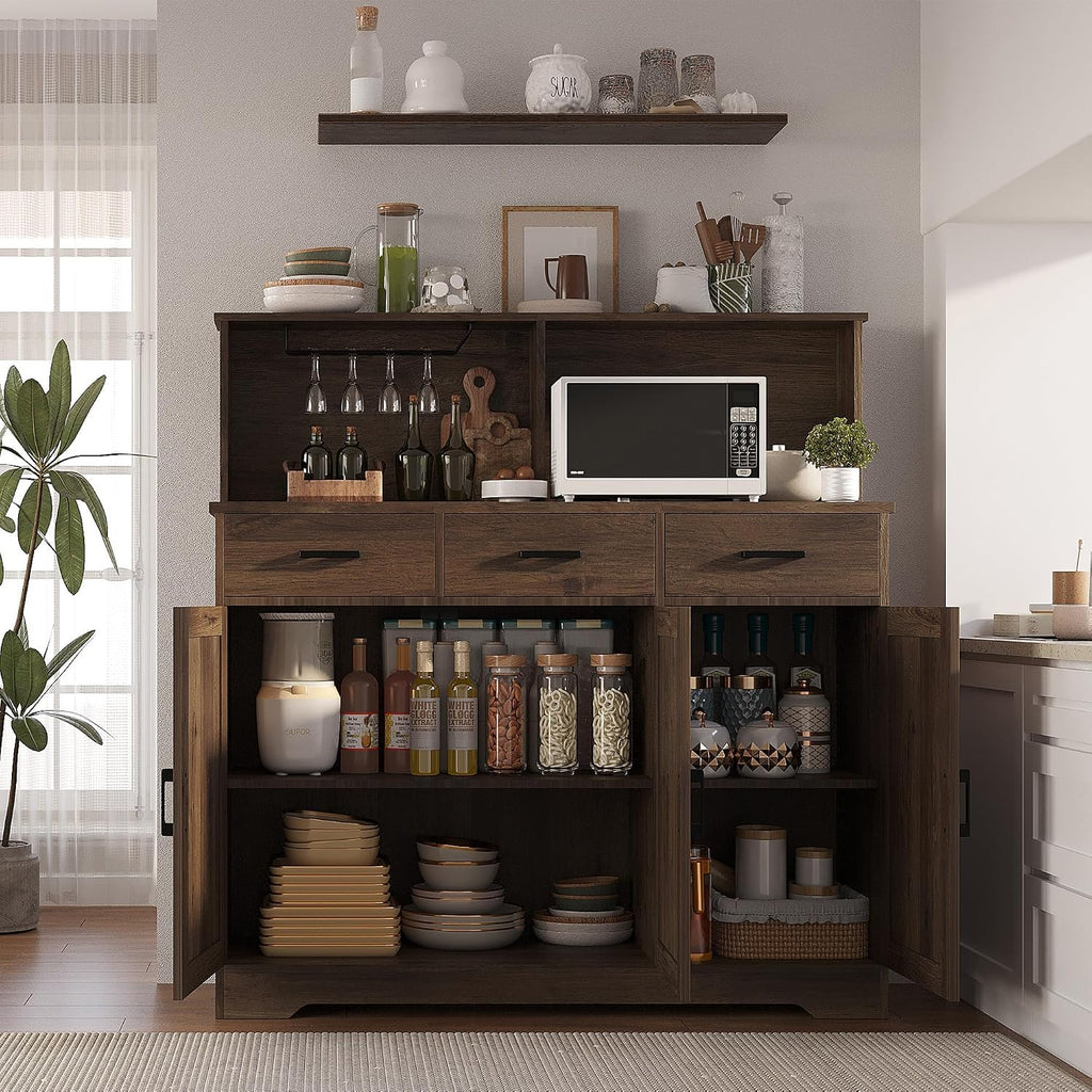 GarveeHome Farmhouse Sideboard Buffet with Microwave Stand, Barn Doors Buffet Storage Cabinet with Drawers and Shelves, Wood Coffee Bar Cabinet for Kitchen, Dining Room, Living Room, Brown