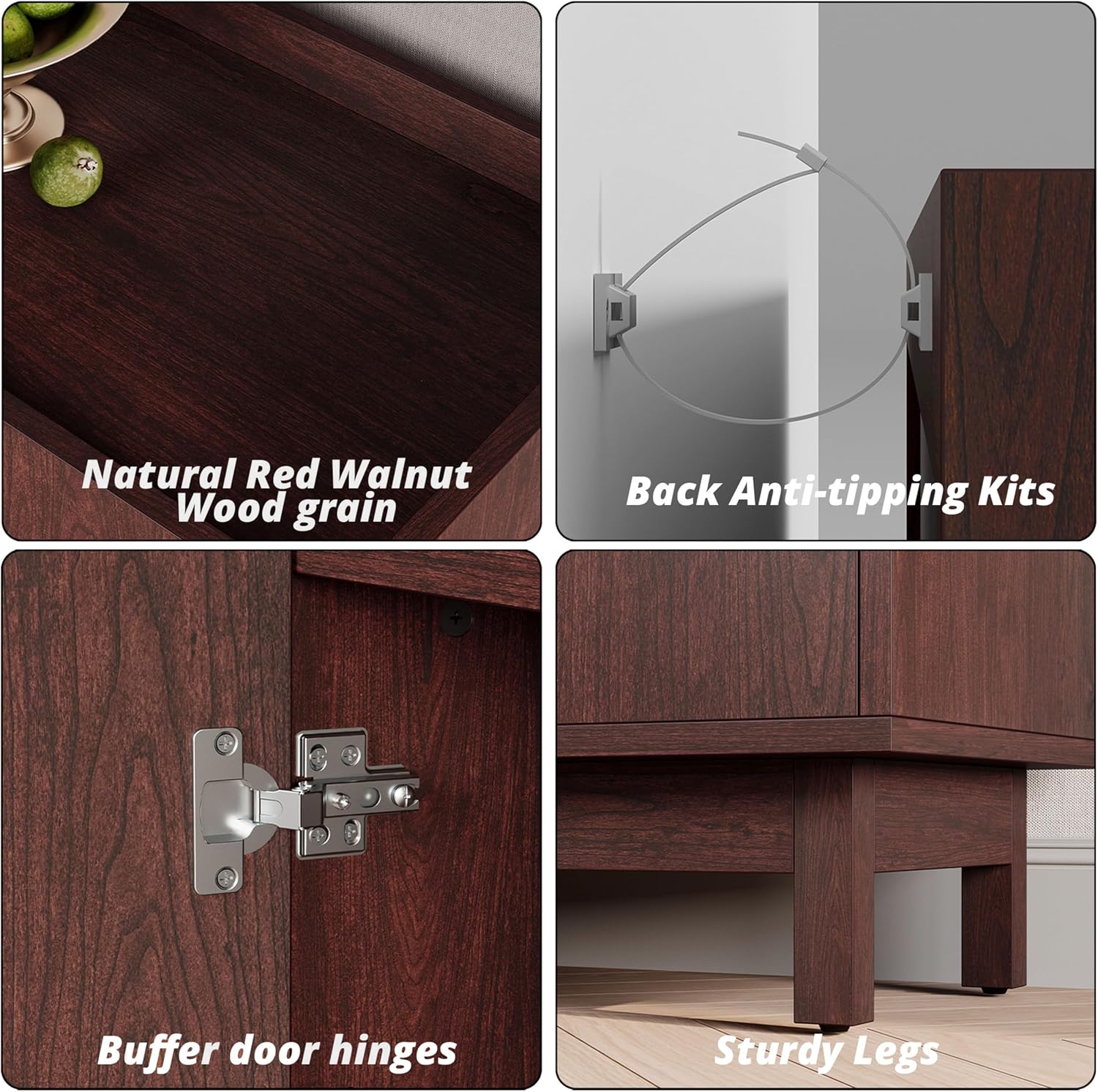 IRONCK 63' Storage Cabinet, Buffet Cabinet with Grille Doors and 2 Adjustable Shelves, Mid Century Sideboard for Kitchen, Dining Room, Entryway（Natural Red Walnut）