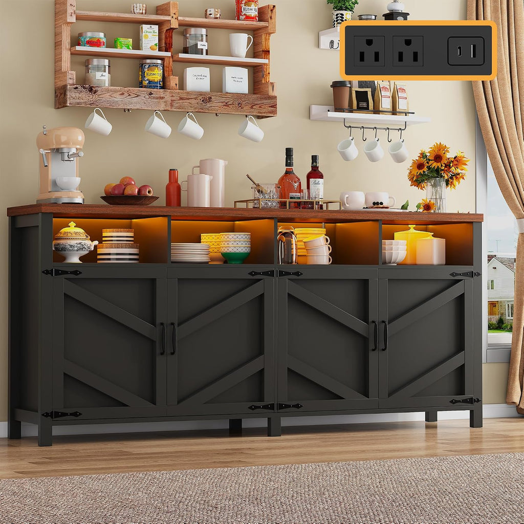 knoworld 63'' Buffet Sideboard with Storage with Power Outlets & LED Light 4 Doors, Large Farmhouse Kitchen Storage Cabinet Wood Coffee Bar Cabinet Buffet Table for Kitchen, Dining Room, Entryway