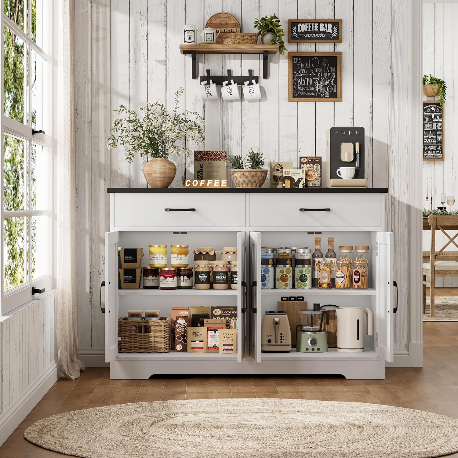 HOSTACK Buffet Cabinet with Storage, 47.2' Kitchen Sideboard Buffet with Drawers, Modern Farmhouse Coffee Bar Station with Shelves, Barn Doors Storage Cabinet for Living Room, White/Black