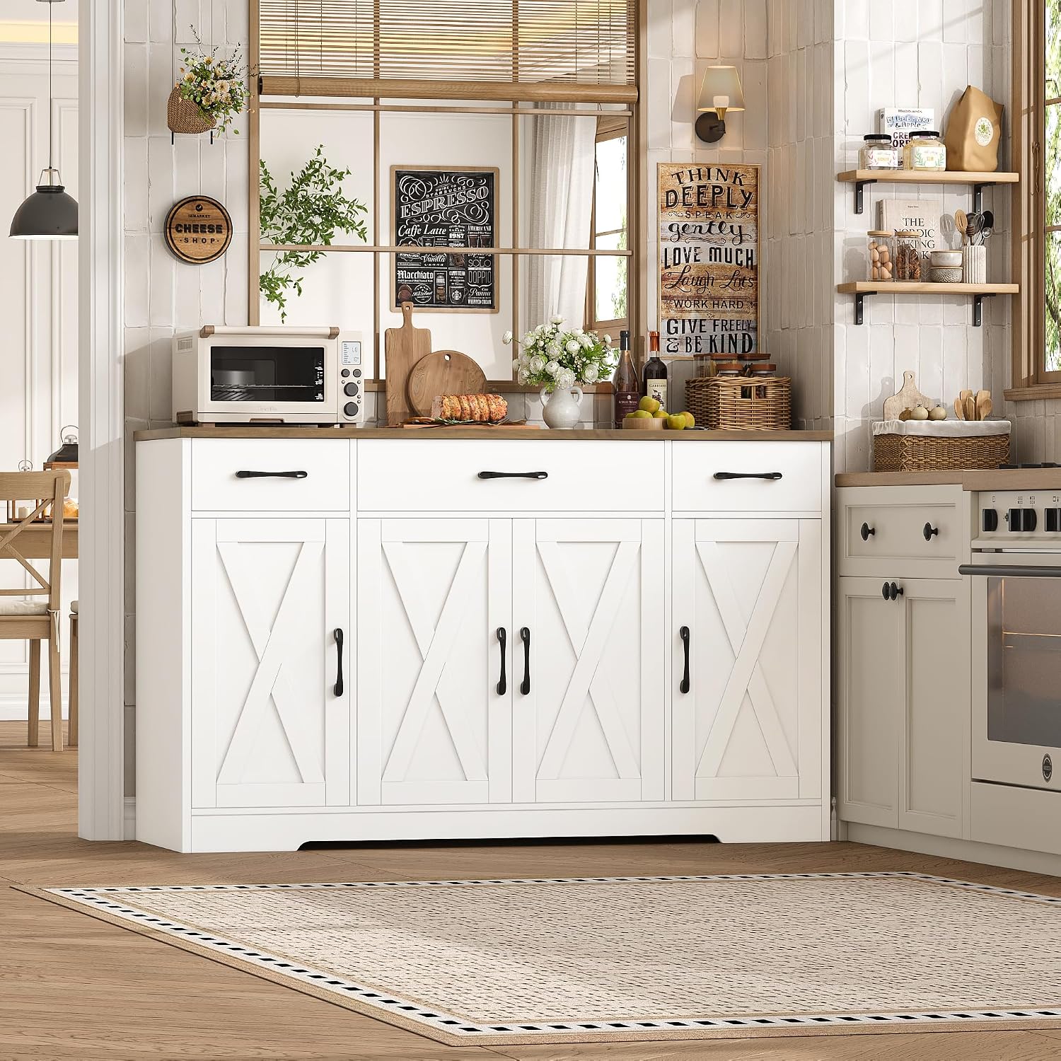 HOSTACK Buffet Cabinet with Drawers, 55' Large Sideboard Buffet Storage Cabinet with Shelves and Doors, Modern Farmhouse Coffee Bar Station Wood Kitchen Table for Kitchen, Dining Room, White/Rustic