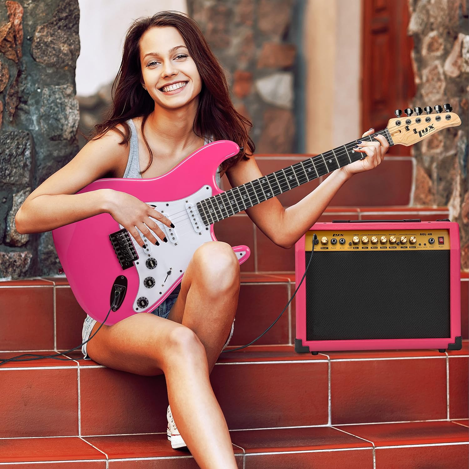 LyxPro 40 Watt Electric Guitar Amplifier | Combo Solid State Studio Amp with 8' 4-Ohm Speaker, Custom EQ Controls, Drive, Delay, ¼' Passive/Active/Microphone Inputs, Aux In & Headphone Jack - Pink