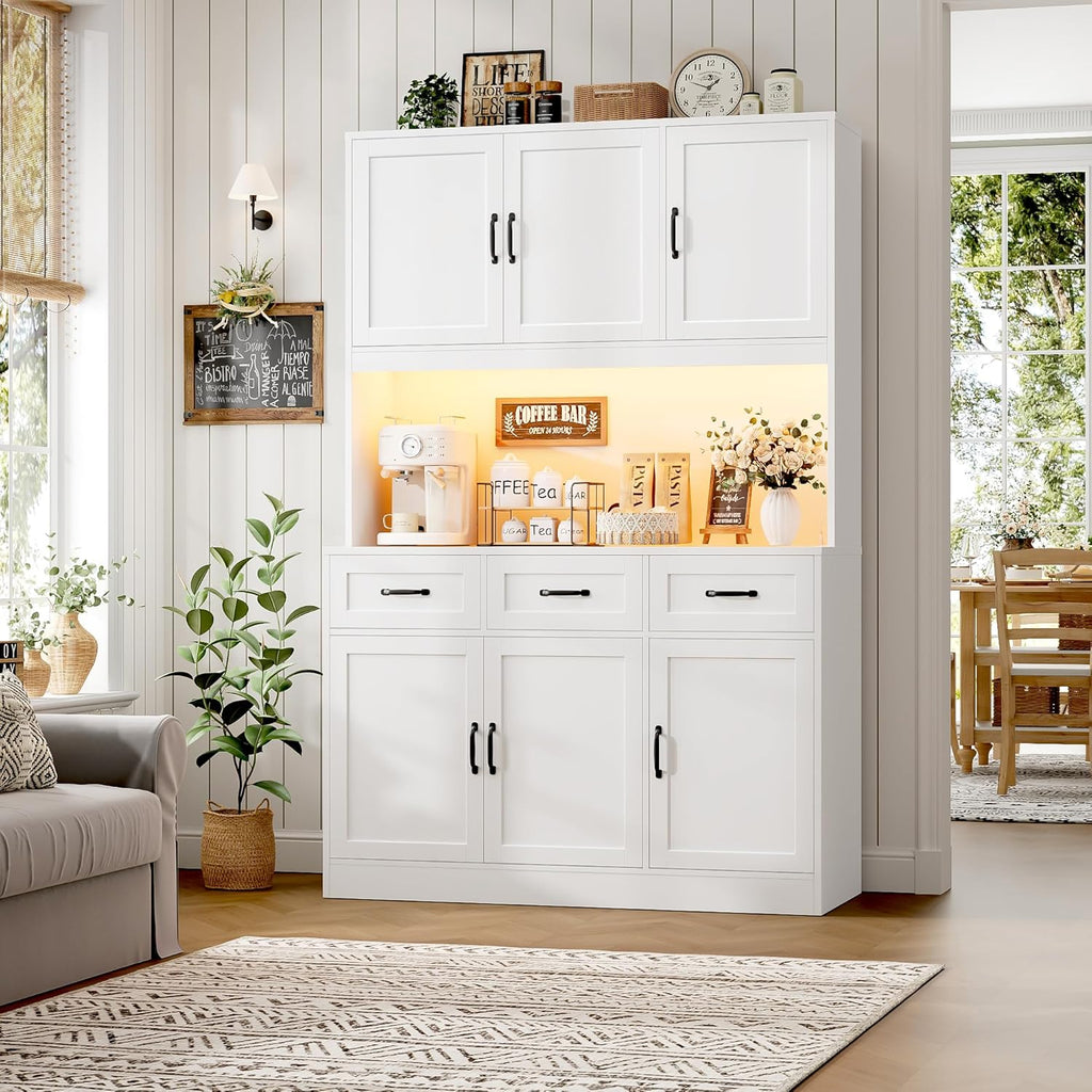 HOSTACK 72' Tall Kitchen Pantry Cabinet with Charging Station | LED Lights, 47' W Kitchen Pantry Storage Cabinet with Countertop, Modern Kitchens Hutch Cabinets with Storage for Dining Room, White