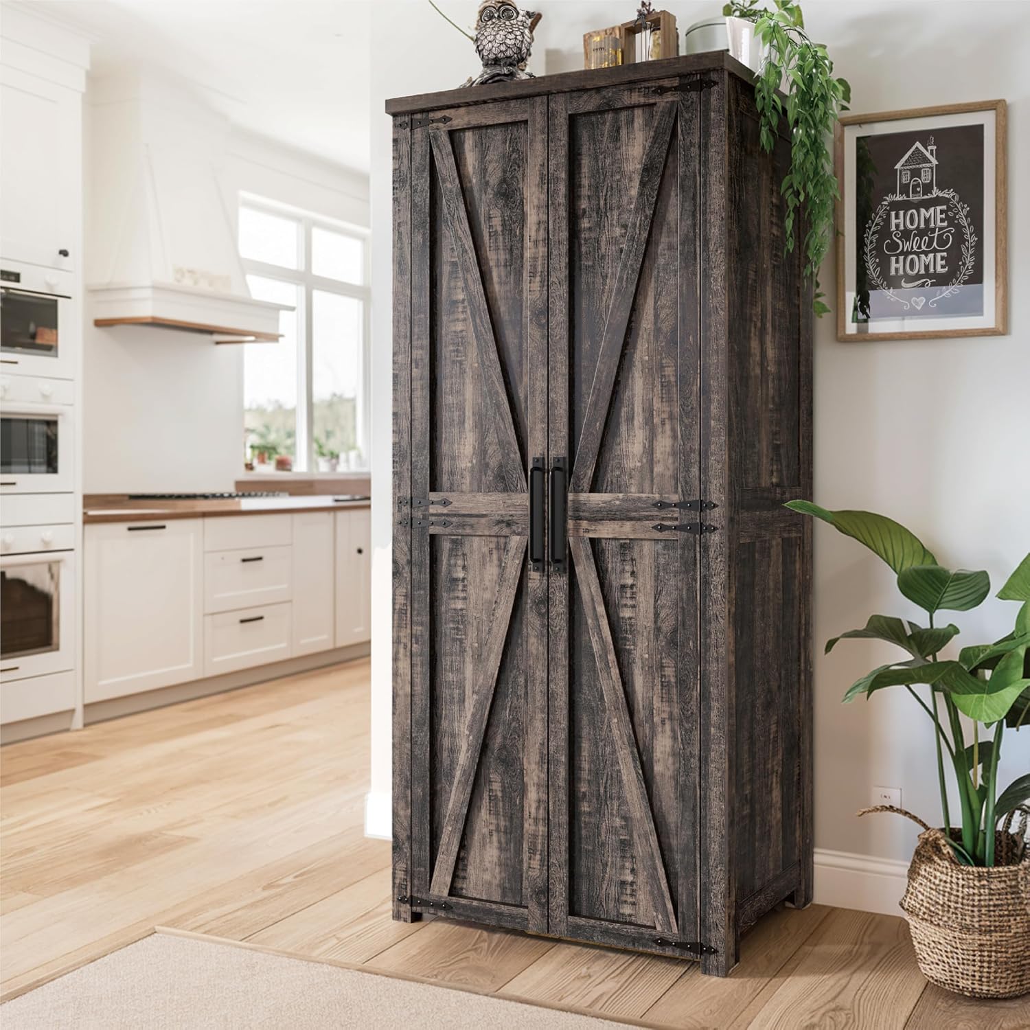 Furnaza Kitchen Pantry Cabinets - 72' Tall Farmhouse Food Storage Cabinets Cupboard with 2 Barn Doors and Shelves Adjustable for Large Dinning or Living Room, in Rustic Brown