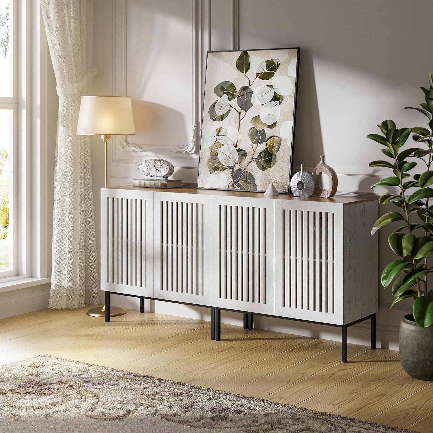 BVIUNTWO Set of 2 White Farmhouse Buffet Cabinet with Storage,Metal Base Console Table with Adjustable Shelves & 4 Doors, Antique White Sideboard for Kitchen, Dining Room, Living Room