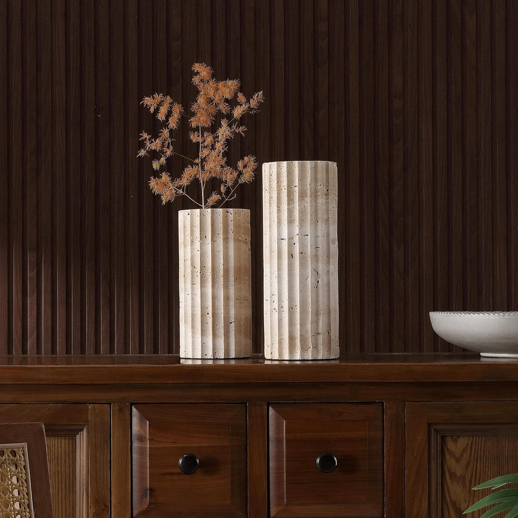 SAFAVIEH Home Collection Teroi Sand Color Travertine Vase Set of 2 – Sand Color, Cylindrical Design, Decorative Accent for Shelves, Tables, or Entryways