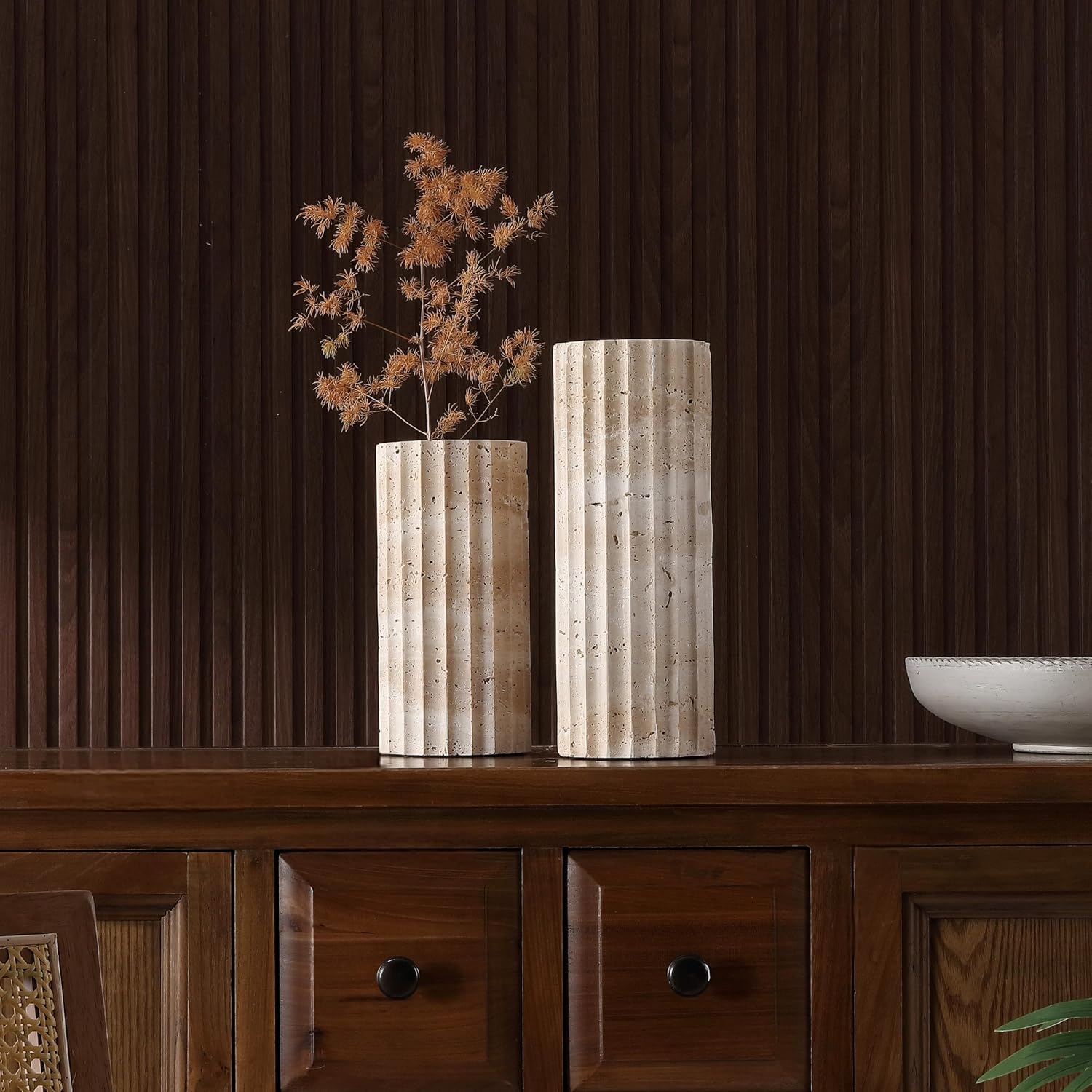SAFAVIEH Home Collection Teroi Sand Color Travertine Vase Set of 2 – Sand Color, Cylindrical Design, Decorative Accent for Shelves, Tables, or Entryways
