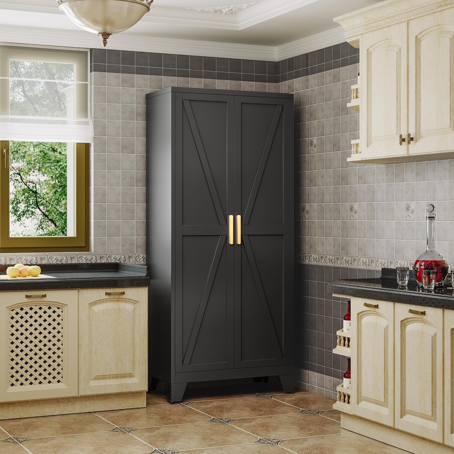 QINPTWUT 71' Metal Storage Cabinet with Doors and Shelves, Tall Pantry Cabinet in Black with 2 Doors & 4 Adjustable Shelves, All-Steel Farmhouse Cupboard for Kitchen, Living Room,Home Office,Garage