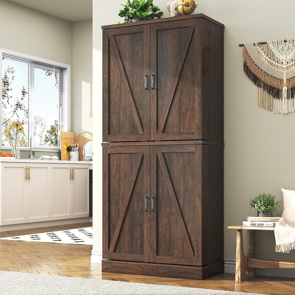71' Tall Kitchen Pantry Cabinet, Farmhouse Tall Kitchen Storage Cabinet with Adjustable Shelves & 4 Barn Style Doors, Wooden Storage Cabinet for Kitchen, Dining Room, Living Room, Bathroom, Office