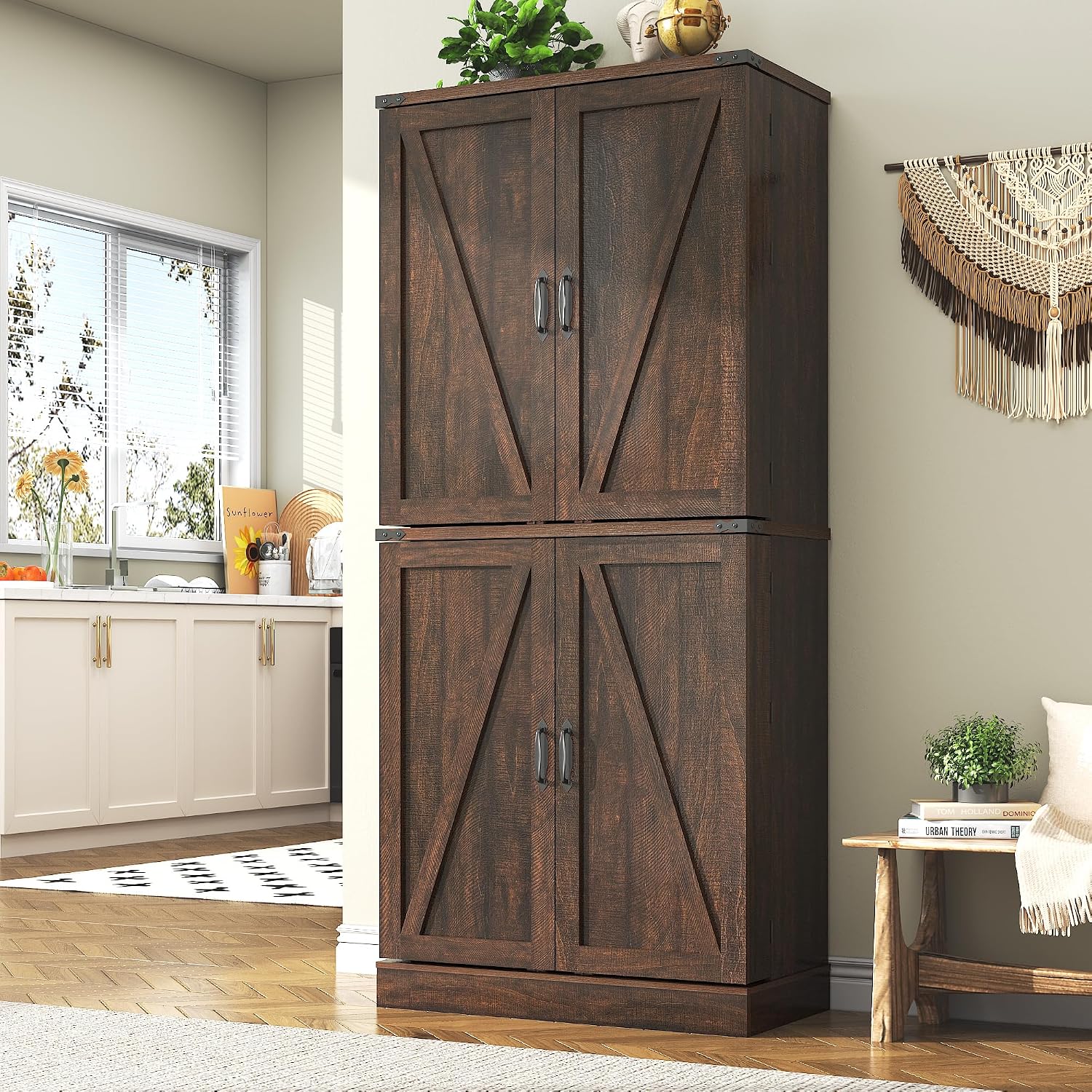 71' Tall Kitchen Pantry Cabinet, Farmhouse Tall Kitchen Storage Cabinet with Adjustable Shelves & 4 Barn Style Doors, Wooden Storage Cabinet for Kitchen, Dining Room, Living Room, Bathroom, Office