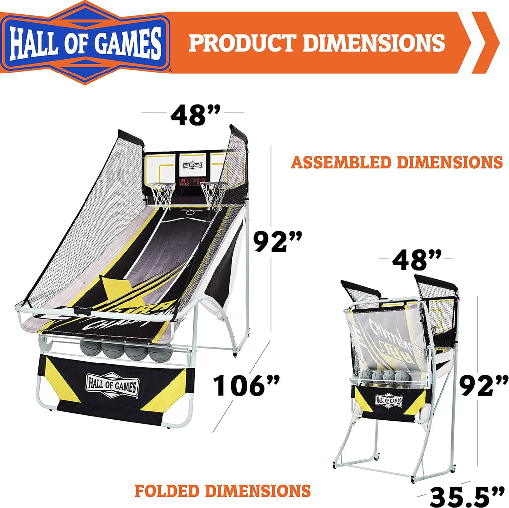 Hall of Games Xtra Long Shot EZ-Fold Premium Arcade Basketball Game with Built-in 4-Ball Storage Rack, Pop Off with The Perfect Basketball Game