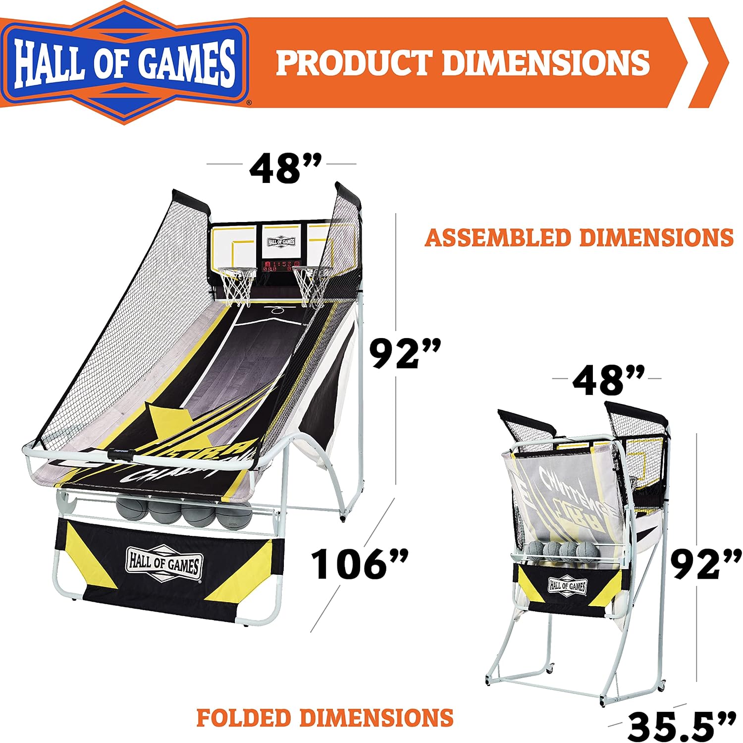 Hall of Games Xtra Long Shot EZ-Fold Premium Arcade Basketball Game with Built-in 4-Ball Storage Rack, Pop Off with The Perfect Basketball Game