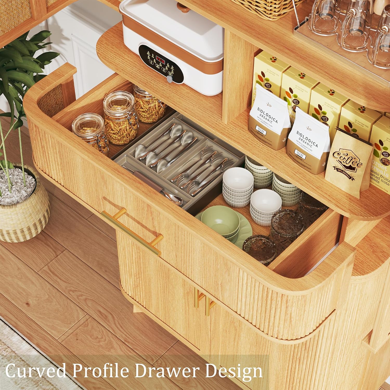 HUAHUU 71' Pantry Cabinet with Drawer, Kitchen Pantry Storage Cabinet with 4 Doors, Modern Curved Storage Cabinets with 10 Large Storage Spaces for Dining Room, Living Room, Oak