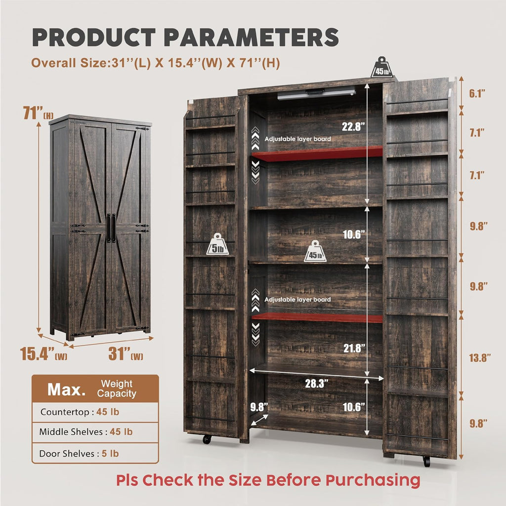 Furnaza Kitchen Pantry Cabinets - 72' Tall Farmhouse Food Storage Cabinets Cupboard with 2 Barn Doors and Shelves Adjustable for Large Dinning or Living Room, in Rustic Brown