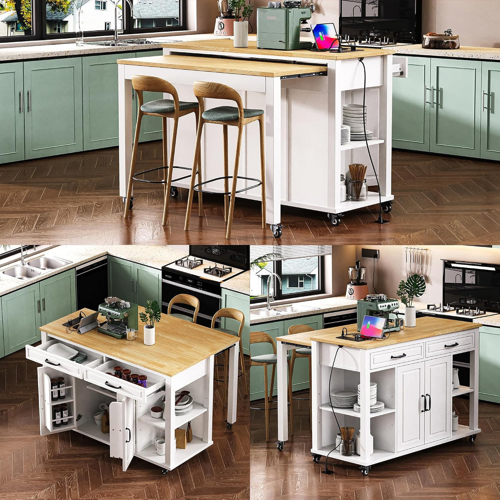 47' Kitchen Island with Extendable Dining Table, Rubber Wood Veneer Kitchen Table with Internal Storage Rack, Power Outlet, 2 Drawers, 2 Cabinet for Kitchen, Dining Room White