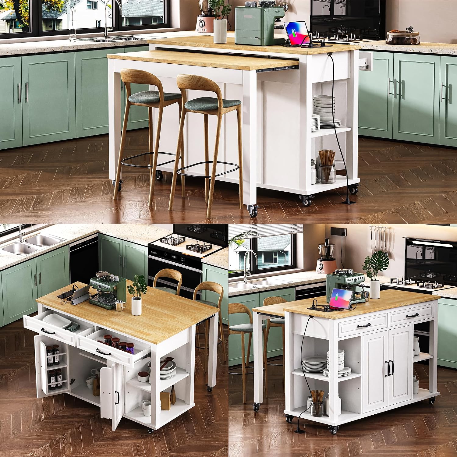 47' Kitchen Island with Extendable Dining Table, Rubber Wood Veneer Kitchen Table with Internal Storage Rack, Power Outlet, 2 Drawers, 2 Cabinet for Kitchen, Dining Room White
