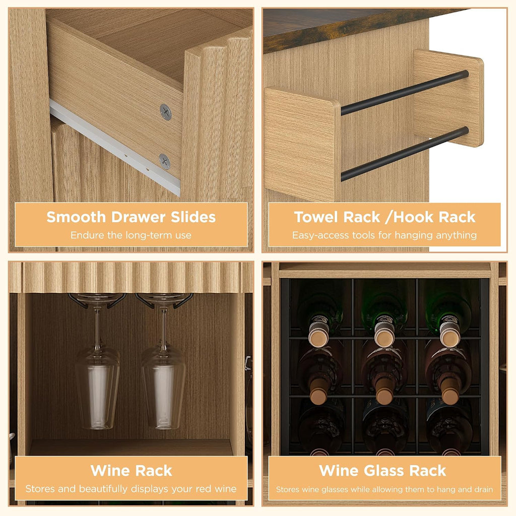 FiveWillowise Kitchen Island with Drop Leaf and Wine Cabinet, Rolling Kitchen Island on Wheels with Storage Cabinets,50' Fluted Wine Bar with 3 Drawers, and Towel Rack for Kitchen, Dining Room