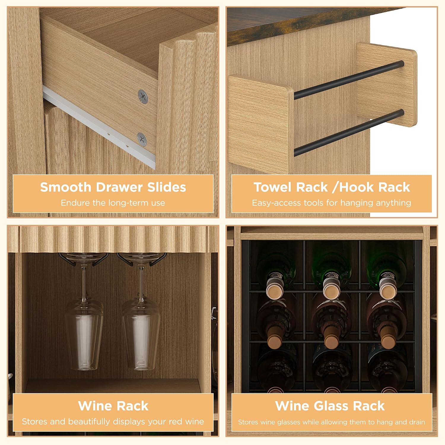 FiveWillowise Kitchen Island with Drop Leaf and Wine Cabinet, Rolling Kitchen Island on Wheels with Storage Cabinets,50' Fluted Wine Bar with 3 Drawers, and Towel Rack for Kitchen, Dining Room