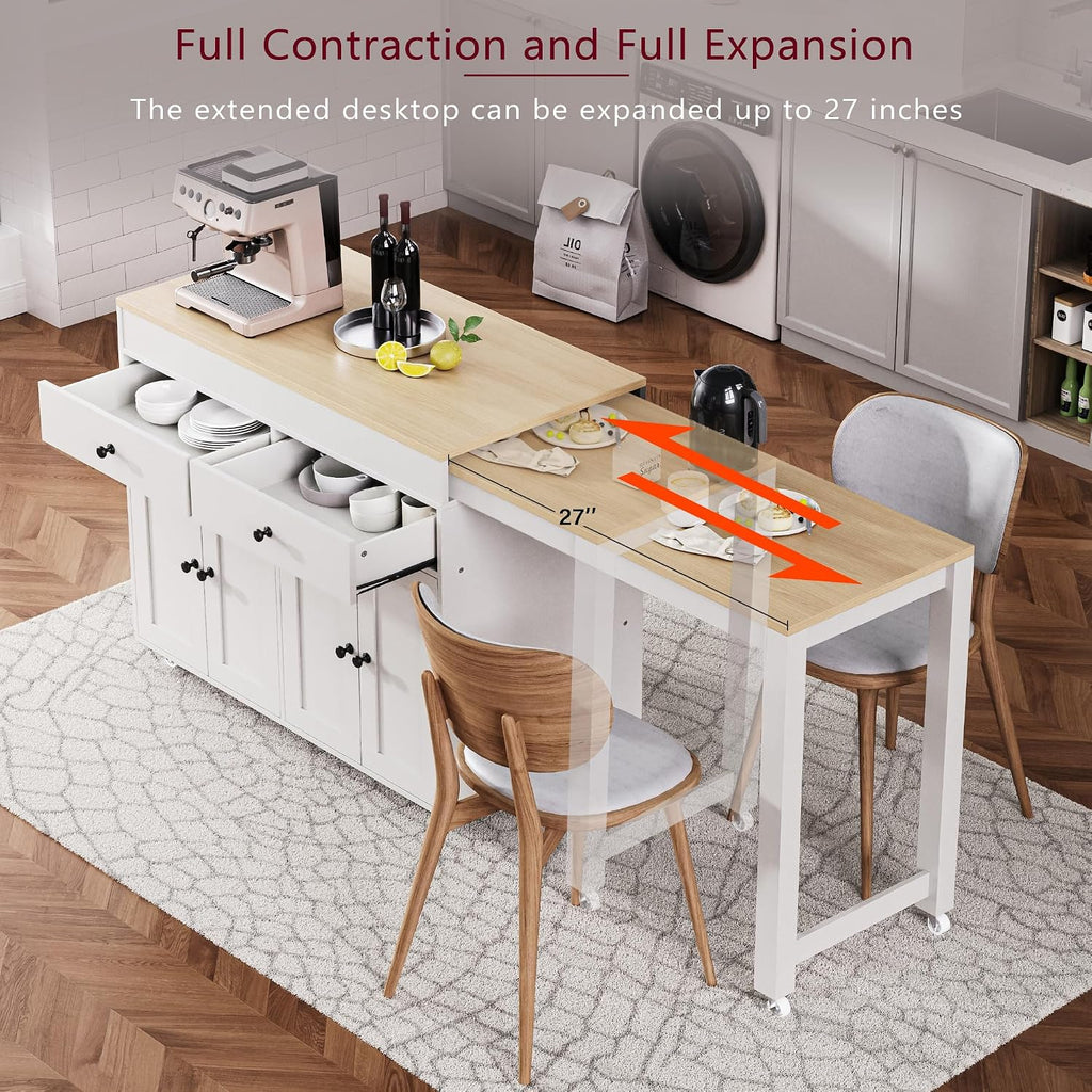 74.5' Rolling Kitchen Island with Extendable Dining Table, Kitchen Storage Cart on Wheels with 2 Drawers, Spice Rack, 4 Door Cabinet for Kitchen, Dining Room, White
