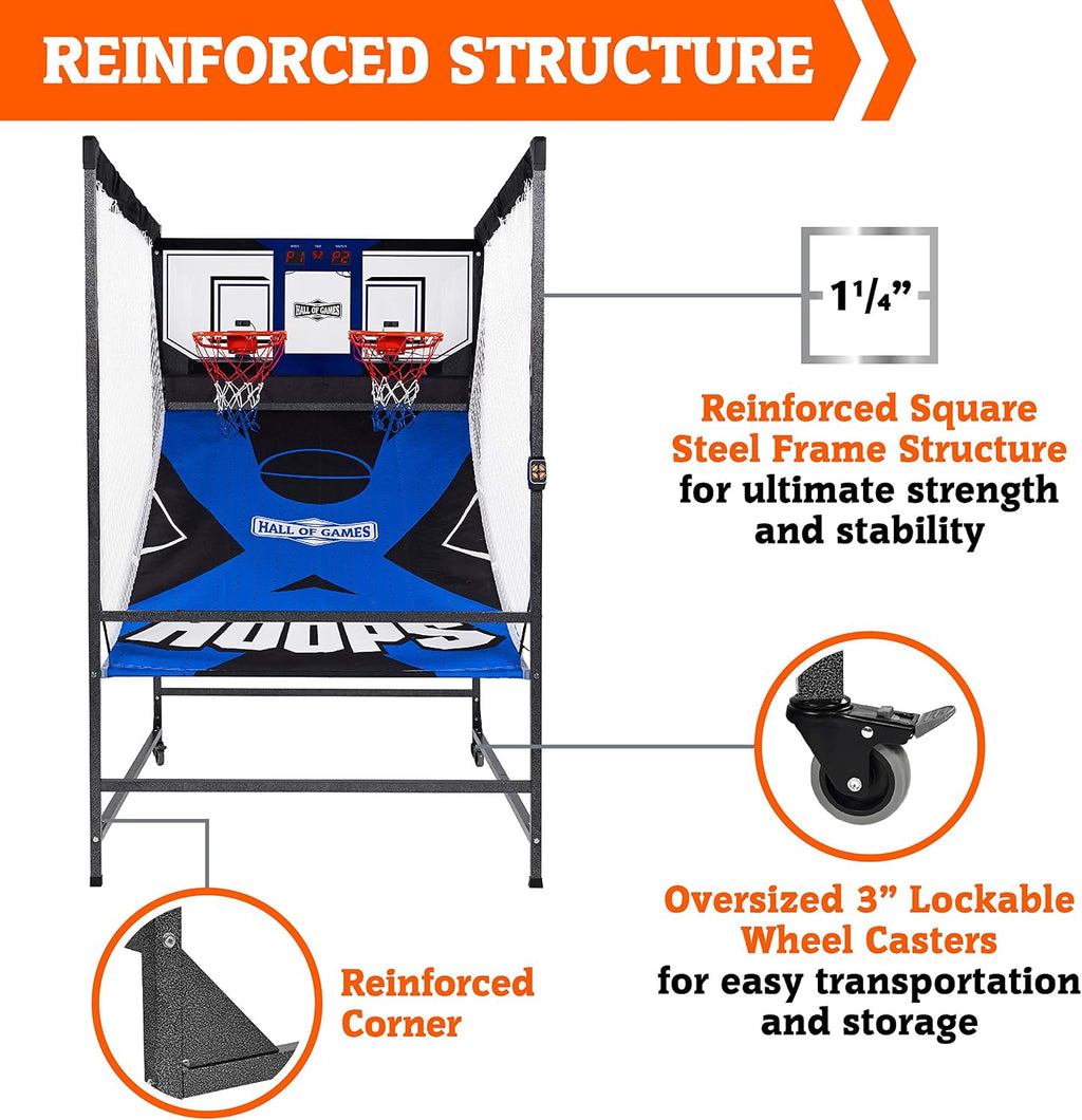 Hall of Games Premium Arcade Cage Basketball Game with Steel Frame and Polycarbonate Backboard