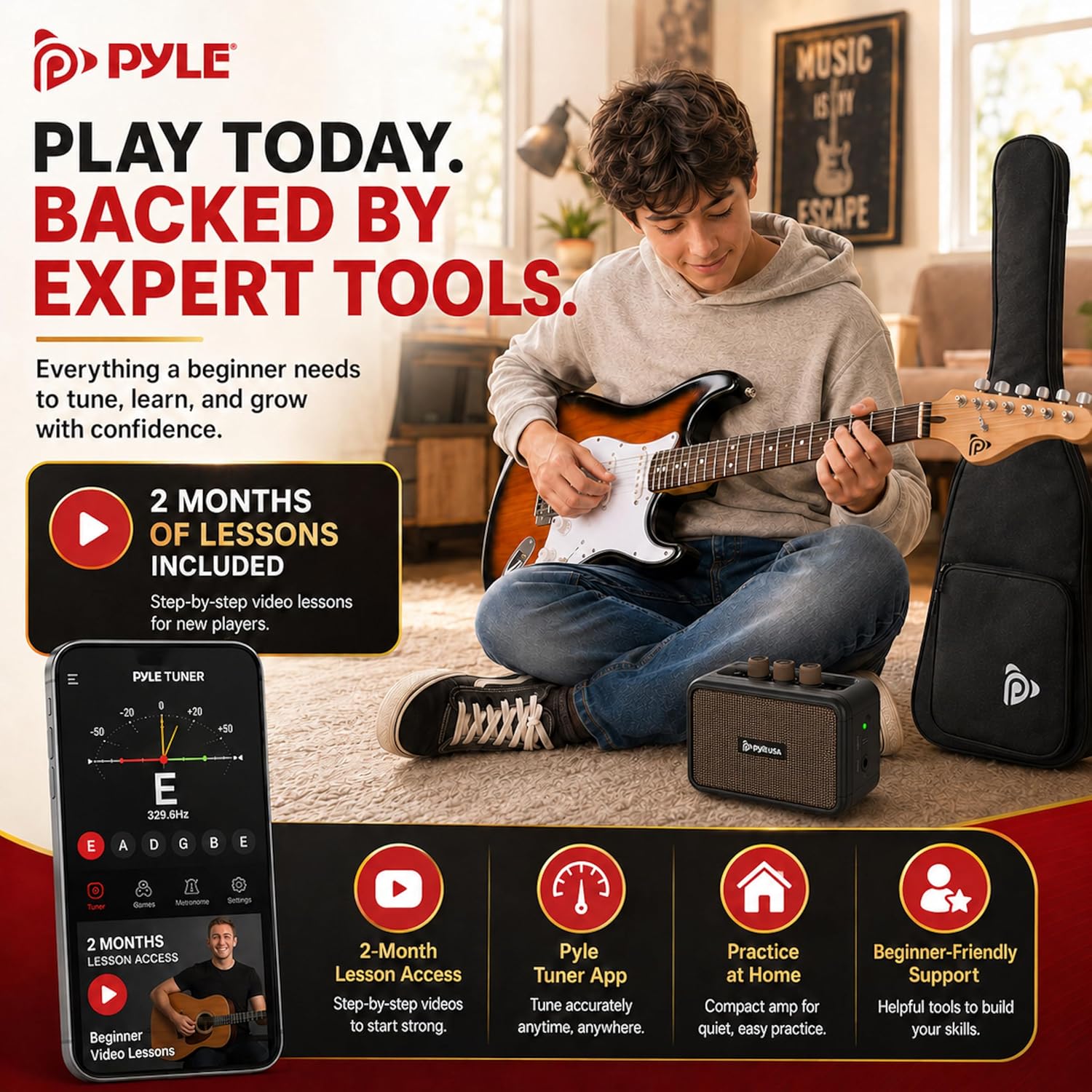 Pyle Electric Guitar and Amp Kit - Full Size 39' Complete Starter Kit with Wearable Bluetooth Amplifier, 1/4' Cable, Carry Case, Strap, Strings, Picks, Cleaning Cloth, ST-Style Pickups (Sun Burst)