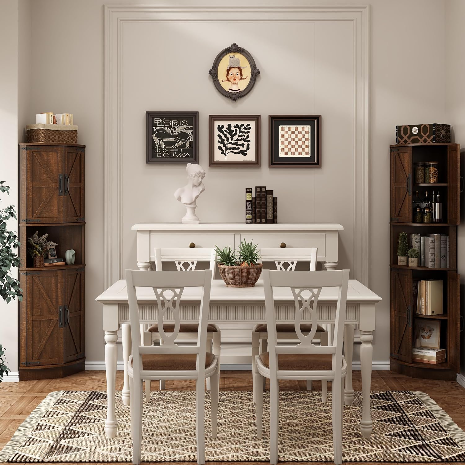 Vabches 64.8' Tall Farmhouse Corner Cabinet with 4 Doors and 5 Storage Shelves, Farmhouse Storage Cabinet with Barn Door Design, Home Space Saver for Living Room, Kitchen, Laundry Room,Brown