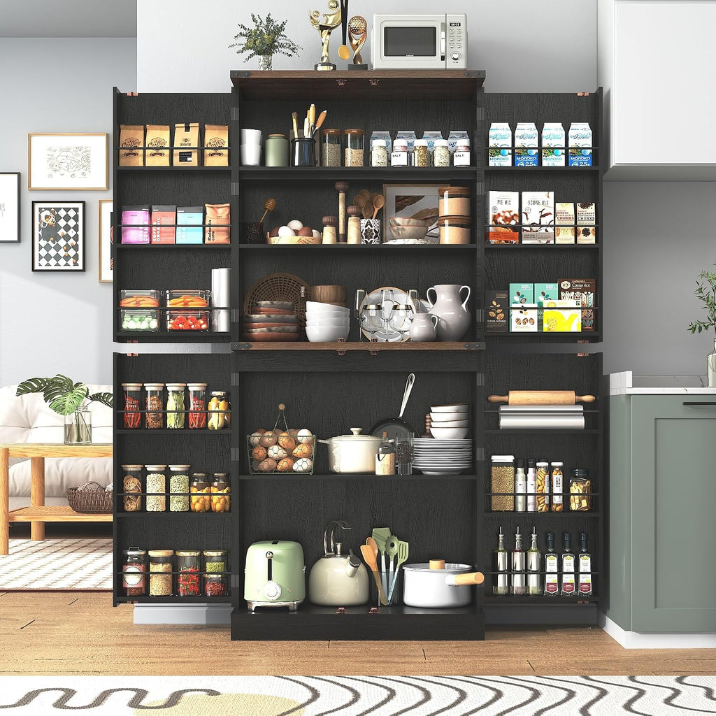 71' Tall Kitchen Pantry Cabinet, Farmhouse Tall Kitchen Storage Cabinet with Adjustable Shelves & 4 Barn Style Doors, Wooden Storage Cabinet for Kitchen, Dining Room, Living Room, Bathroom, Office