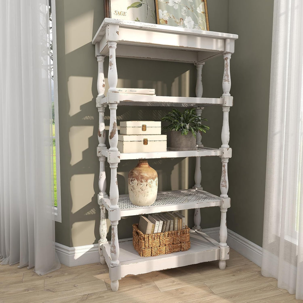 Deco 79 Farmhouse Distressed White Wood Bookshelf with Pierced Metal Interior Shelves & Turned Column Frame Shelving Unit, 30' x 16' x 55' White