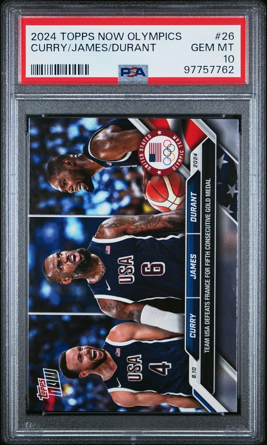 2024 Topps Now Olympics USA Gold Medal Basketball Card #26 | Stephen Curry, LeBron James, Kevin Durant | Graded PSA 10 (Cert#97757762), Authenticated NBA Basketball Cards