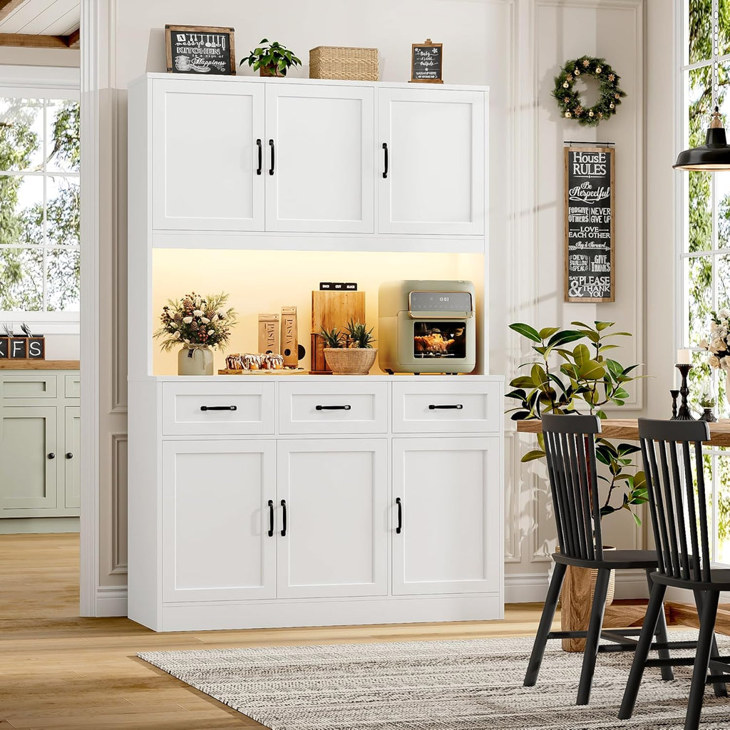 HOSTACK 72' Tall Kitchen Pantry Cabinet with Charging Station | LED Lights, 47' W Kitchen Pantry Storage Cabinet with Countertop, Modern Kitchens Hutch Cabinets with Storage for Dining Room, White