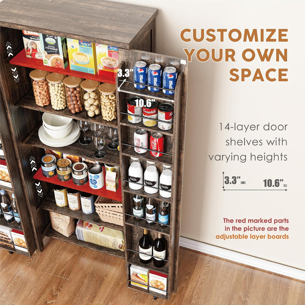 Furnaza Kitchen Pantry Cabinets - 72' Tall Farmhouse Food Storage Cabinets Cupboard with 2 Barn Doors and Shelves Adjustable for Large Dinning or Living Room, in Rustic Brown