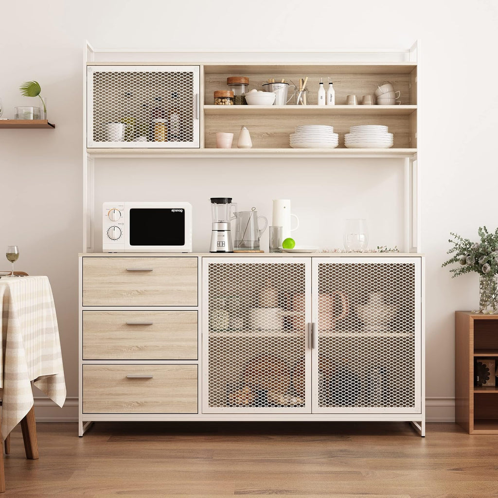 ECACAD Modern Wood Sideboard Buffet Storage Cabinet with Hutch, 3 Metal Mesh Doors, 3 Drawers & 5 Compartments, Kitchen Pantry Cupboard Console Table for Living Room, Dining Room, Light Oak