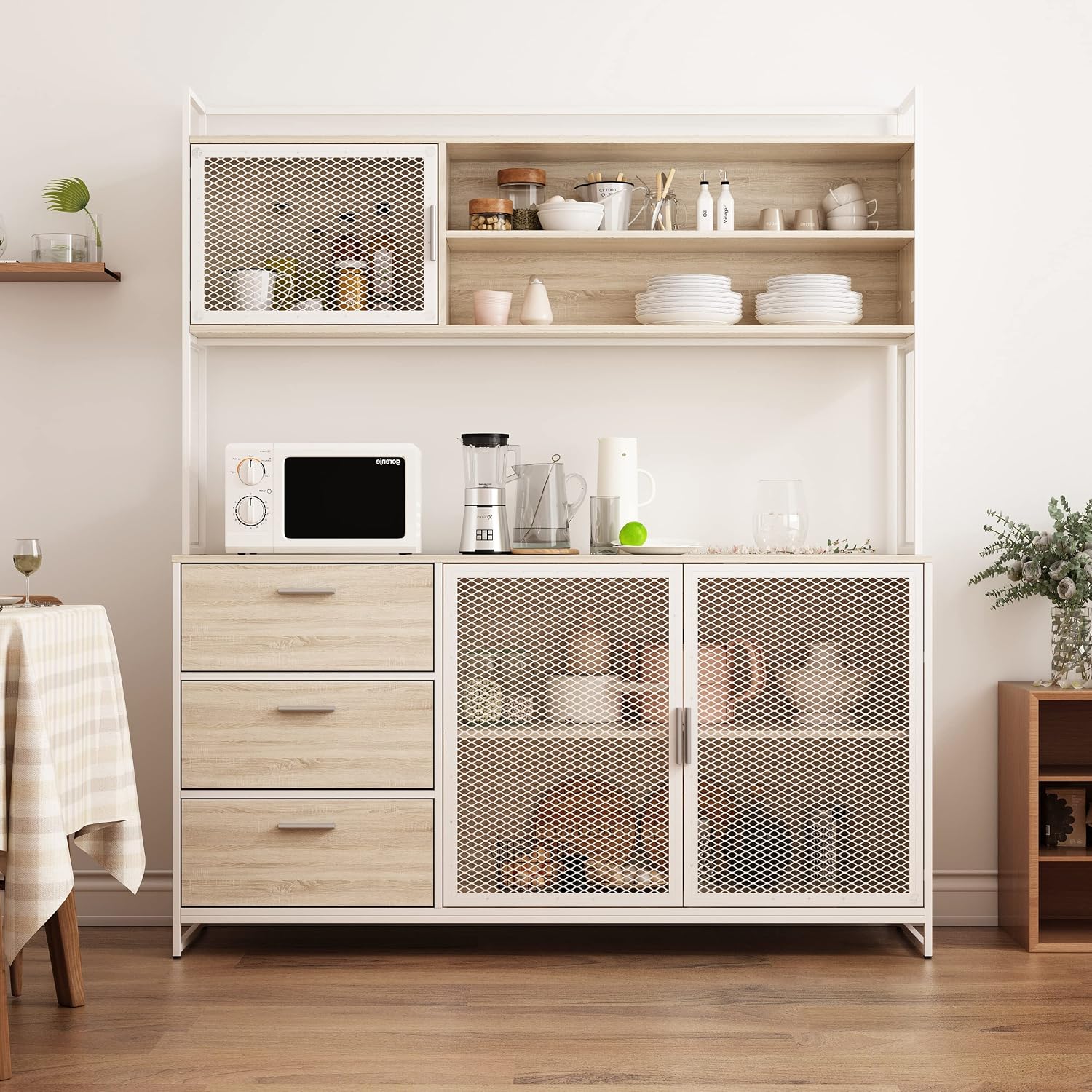 ECACAD Modern Wood Sideboard Buffet Storage Cabinet with Hutch, 3 Metal Mesh Doors, 3 Drawers & 5 Compartments, Kitchen Pantry Cupboard Console Table for Living Room, Dining Room, Light Oak