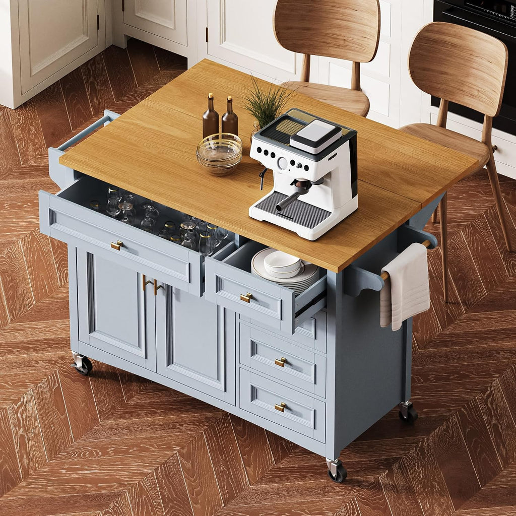 52' Kitchen Island Cart with Drop Leaf, Embossed Texture Kitchen Storage on Wheels with Spice Rack, Towel Rack, 5 Drawers, 2 Doors, Adjustable Shelf for Kitchen, Dining Room Grey Blue