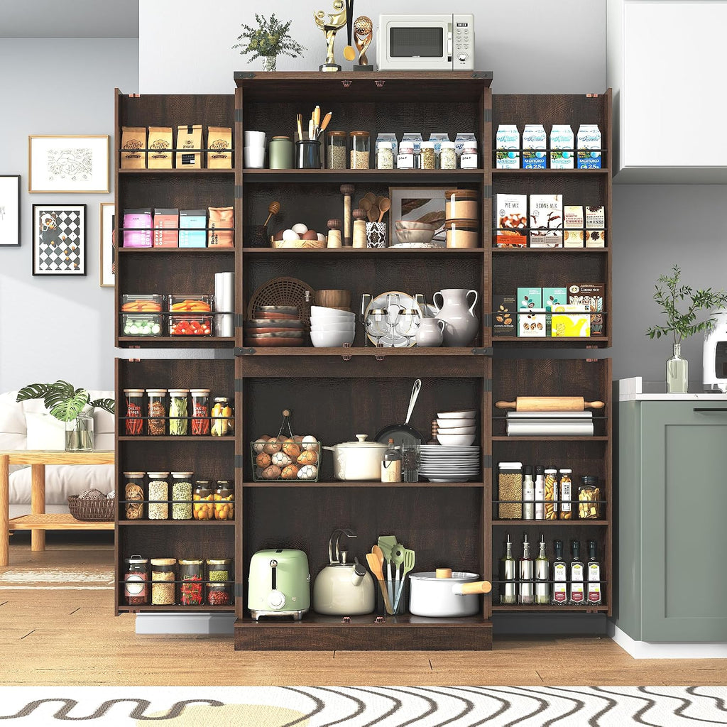 71' Tall Kitchen Pantry Cabinet, Farmhouse Tall Kitchen Storage Cabinet with Adjustable Shelves & 4 Barn Style Doors, Wooden Storage Cabinet for Kitchen, Dining Room, Living Room, Bathroom, Office